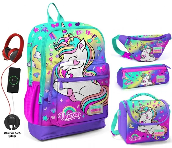 Coral High Su Yeşili Lavanta Unicorn USB Soketli Okul Çanta Seti ve Bel Çantası - Kız Çocuk