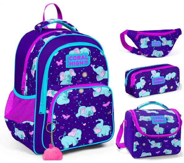 Coral High Mor Fil Kız Çocuk Üçlü Okul Çantası ve Bel Çantası Seti ürün görseli