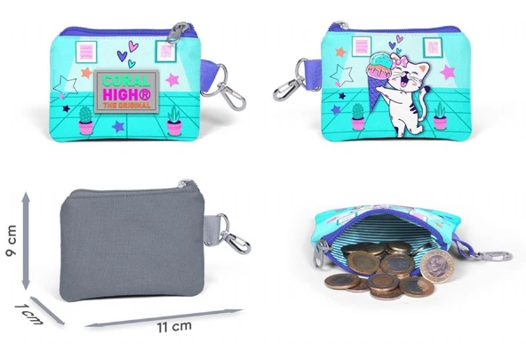 Coral High Turkuaz Pembe Dondurmalı Kedi Bozuk Para Çantası - Kız Çocuk - Resim 2