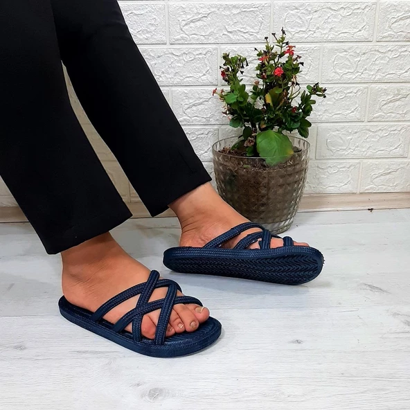 Brn 302 Lacivert Ahtapot Hasırlı Kaymaz Havuz Plaj Bayan Terliği - Resim 3