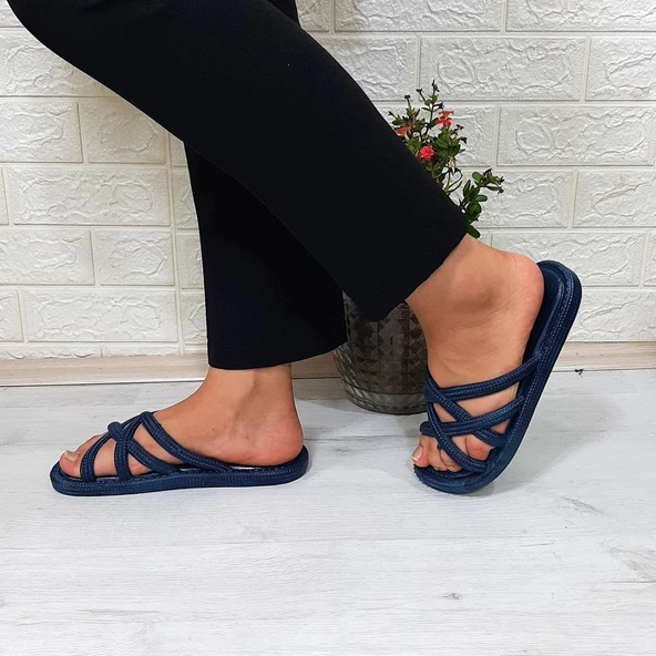 Brn 302 Lacivert Ahtapot Hasırlı Kaymaz Havuz Plaj Bayan Terliği - Resim 5