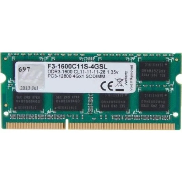 GSKILL 4GB DDR3 1600MHZ CL11 NOTEBOOK RAM VALUE F3-1600C11S-4GSL 1.35V ürün görseli