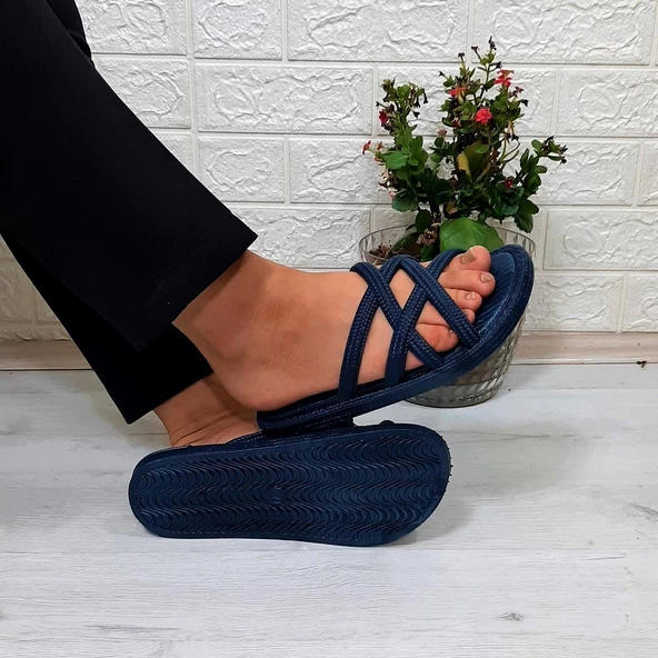 Brn 302 Lacivert Ahtapot Hasırlı Kaymaz Havuz Plaj Bayan Terliği - Resim 2