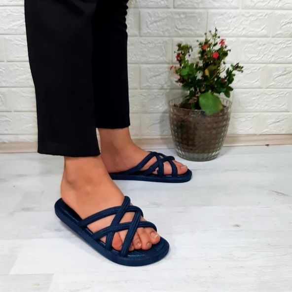 Brn 302 Lacivert Ahtapot Hasırlı Kaymaz Havuz Plaj Bayan Terliği - Resim 4