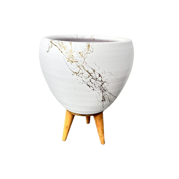 Bitki Tasarımı Beyaz Üzeri Gold Mermer Efektli Toprak Saksı Saksılık Salon Çiçeklik 3 Ayaklı - 15 Cm - Resim 3