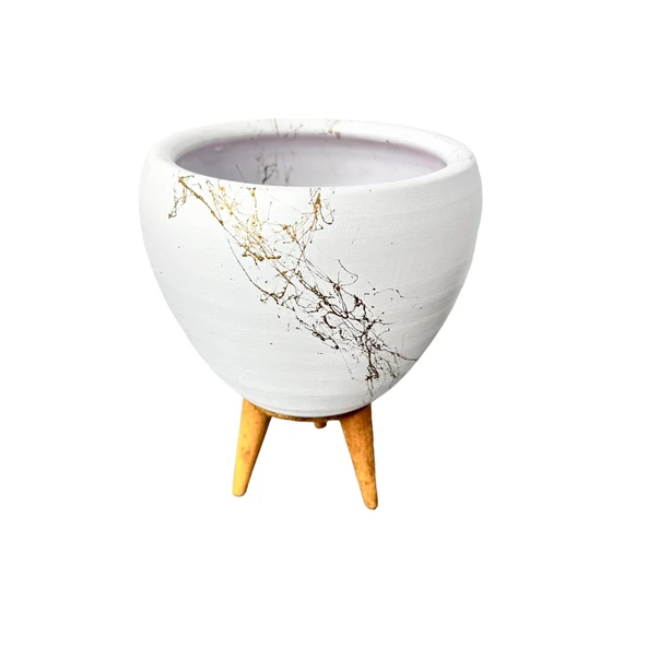 Bitki Tasarımı Beyaz Üzeri Gold Mermer Efektli Toprak Saksı Saksılık Salon Çiçeklik 3 Ayaklı - 15 Cm - Resim 4