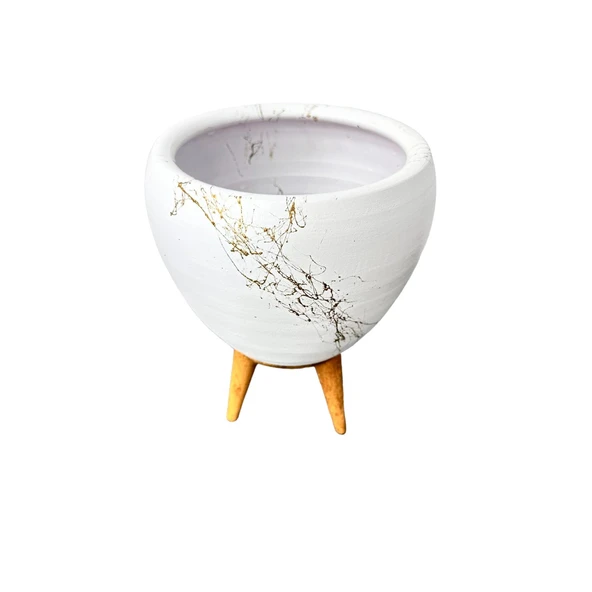 Bitki Tasarımı Beyaz Üzeri Gold Mermer Efektli Toprak Saksı Saksılık Salon Çiçeklik 3 Ayaklı - 15 Cm - Resim 5