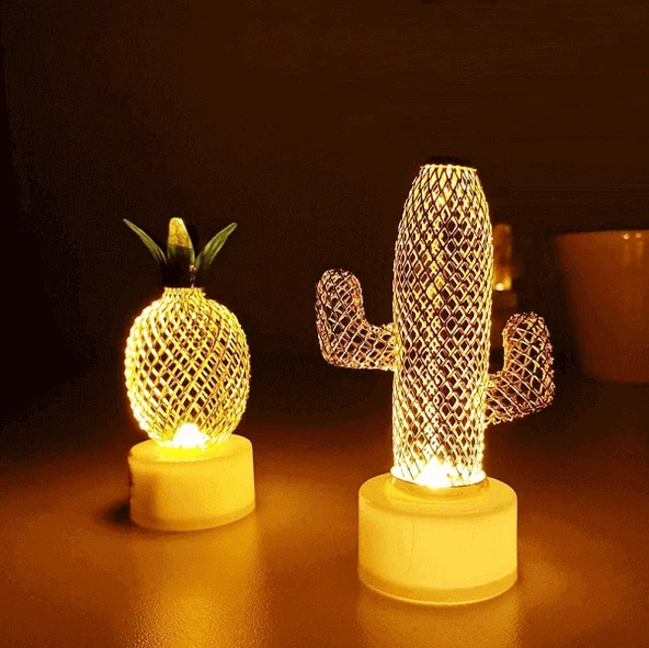 2 Li Metal Ananas ve Kaktüs Mini Gece Lambası