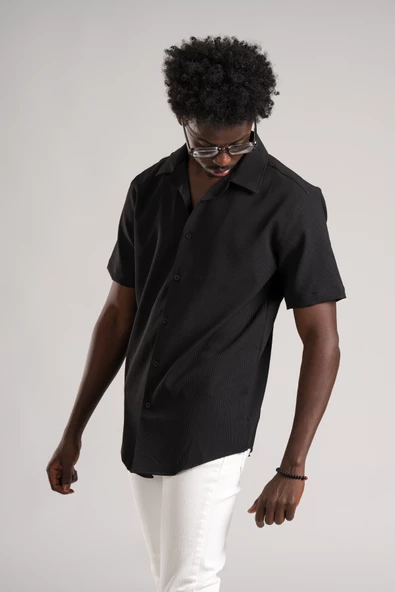 FBI Yarım Oversize (Hafif Bol Kesim) Kendinden Çizgili Kısa Kol Gömlek - Resim 2