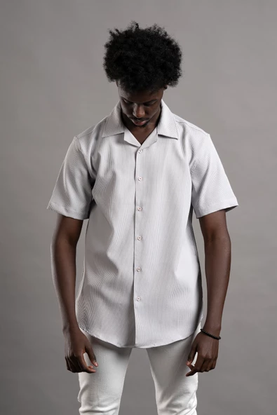 FBI Yarım Oversize (Hafif Bol Kesim) Kendinden Çizgili Kısa Kol Gömlek - Resim 6