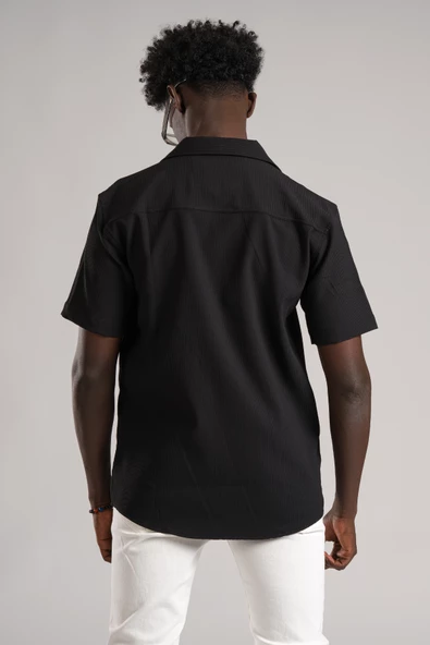 FBI Yarım Oversize (Hafif Bol Kesim) Kendinden Çizgili Kısa Kol Gömlek - Resim 4