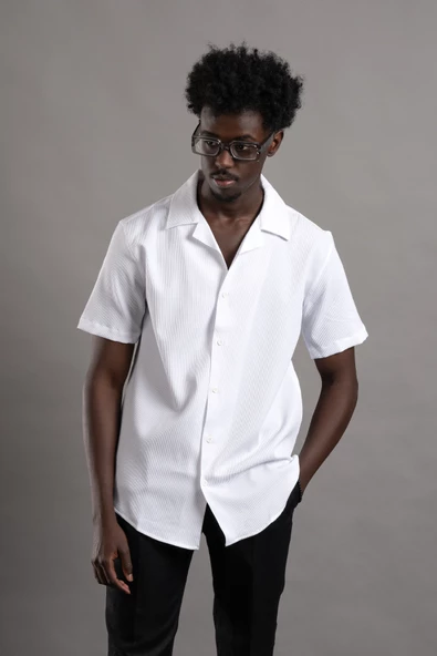 FBI Yarım Oversize (Hafif Bol Kesim) Kendinden Çizgili Kısa Kol Gömlek - Resim 10