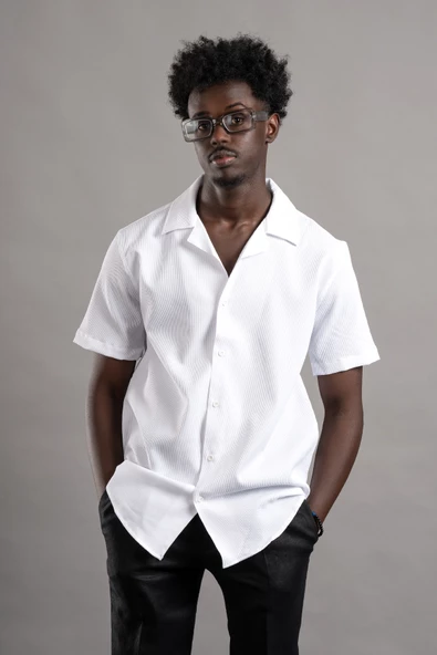 FBI Yarım Oversize (Hafif Bol Kesim) Kendinden Çizgili Kısa Kol Gömlek - Resim 11