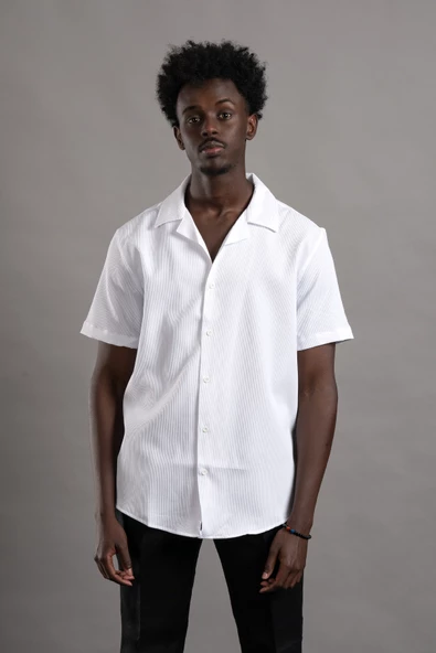 FBI Yarım Oversize (Hafif Bol Kesim) Kendinden Çizgili Kısa Kol Gömlek - Resim 12