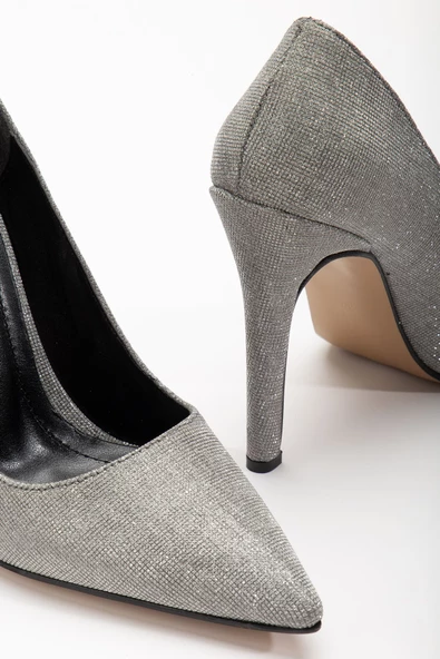 Onella Platin Simli Sivri Dekolte Kadın Topuklu Ayakkabı - Resim 4