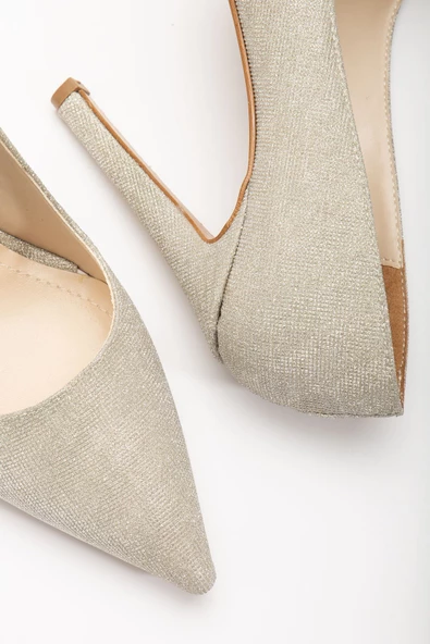 Onella Gold Simli Sivri Dekolte Kadın Topuklu Ayakkabı - Resim 4