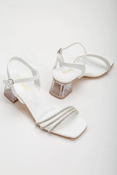 Gerdh Beyaz Taşlı Cilt Alçak Topuklu Ayakkabı - Resim 2