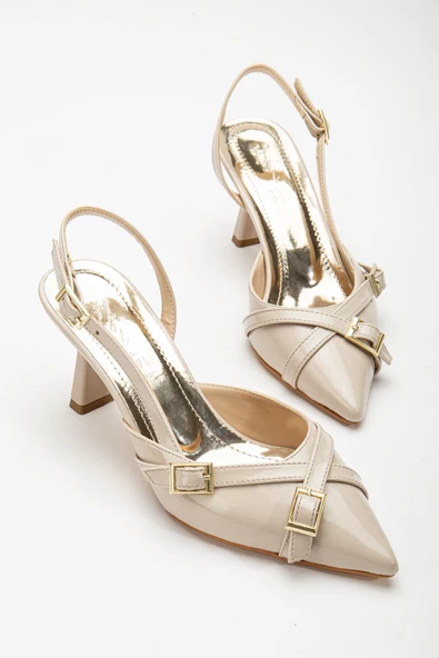 Mary Jane Bej Rugan Arkası Açık Sivri Burunlu Kadın Topuklu Ayakkabı ürün görseli