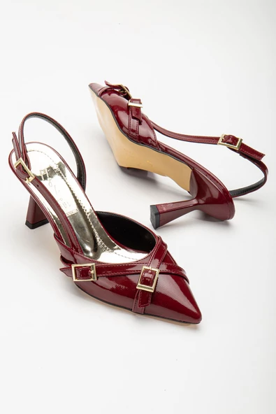 Mary Jane Bordo Rugan Arkası Açık Sivri Burunlu Kadın Topuklu Ayakkabı - Resim 2