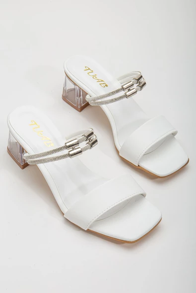 Lissen Beyaz Tek Bantlı Taşlı Cilt Alçak Topuklu Ayakkabı - Resim 2