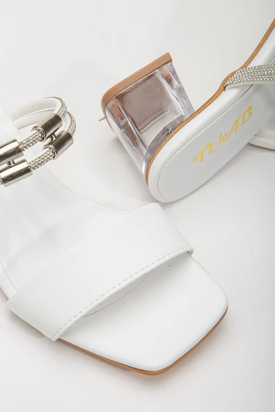 Lissen Beyaz Tek Bantlı Taşlı Cilt Alçak Topuklu Ayakkabı - Resim 3