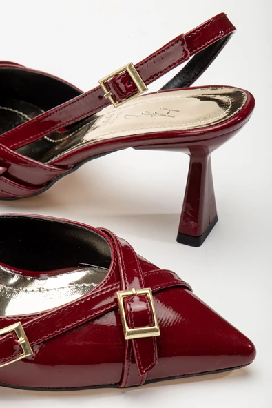 Mary Jane Bordo Rugan Arkası Açık Sivri Burunlu Kadın Topuklu Ayakkabı - Resim 3