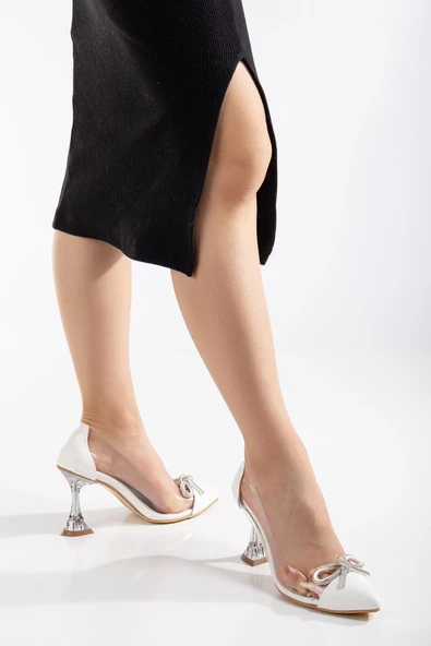 Beyaz Stiletto Taşlı Cilt Şeffaf  Topuklu Ayakkabı - Resim 4