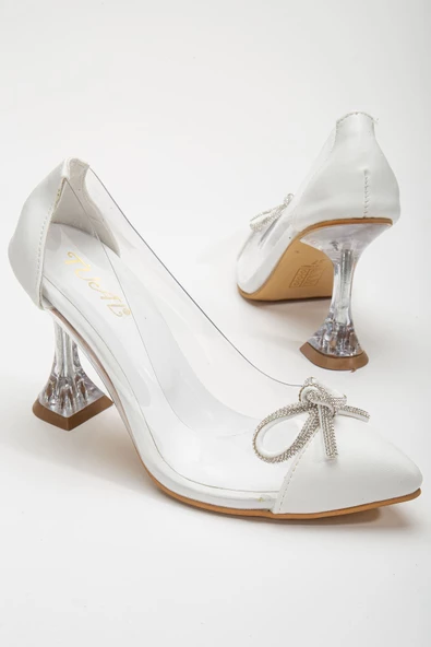 Beyaz Stiletto Taşlı Cilt Şeffaf  Topuklu Ayakkabı - Resim 2