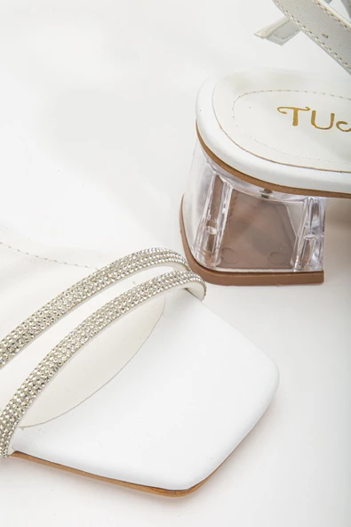 Siska Beyaz Taşlı Cilt Alçak Topuklu Ayakkabı - Resim 3