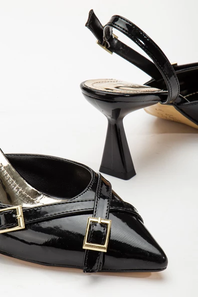 Mary Jane Siyah Rugan Arkası Açık Sivri Burunlu Kadın Topuklu Ayakkabı - 3