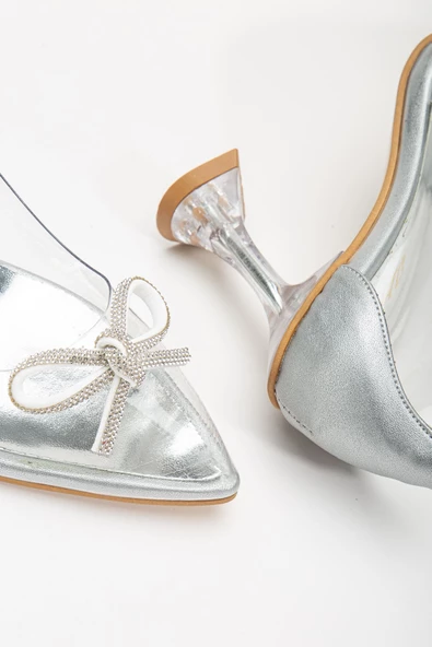 Gümüş Stiletto Taşlı Şeffaf  Topuklu Ayakkabı - Resim 3