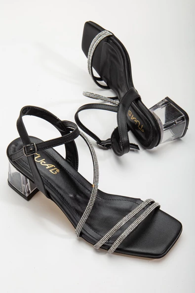 Siska Siyah Taşlı Cilt Alçak Topuklu Ayakkabı - Resim 3