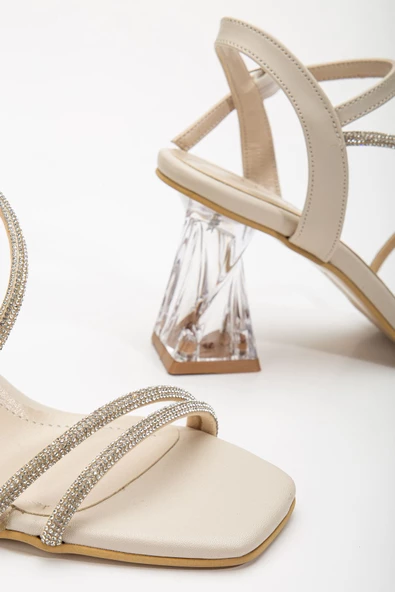 Kadın Bej Taş Detaylı Şeffaf Topuklu Abiye Ayakkabı - Resim 3
