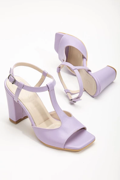 Entela Topuklu Lila Cilt Küt Burunlu Kadın Ayakkabı - Resim 2