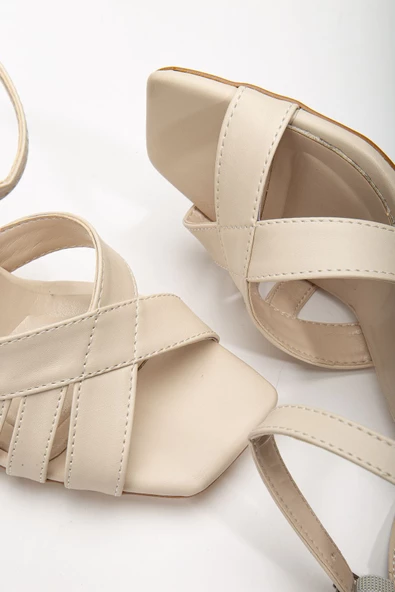 Hope Yüksek Topuklu Krem Cilt Küt Burun Kadın Ayakkabı - 3