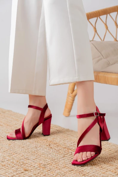 Rashin Bordo Kadife Yüksek Topuklu Kadın Ayakkabı - 2