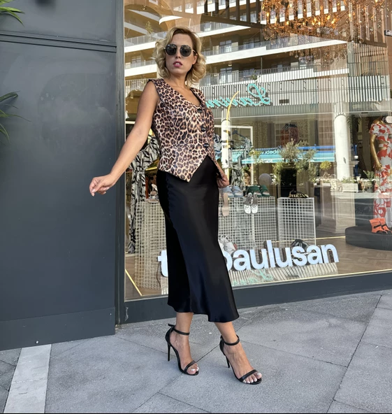 İthal Kumaş Leopar Pul Payet Yelek - 6