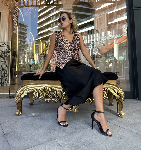 İthal Kumaş Leopar Pul Payet Yelek - 7