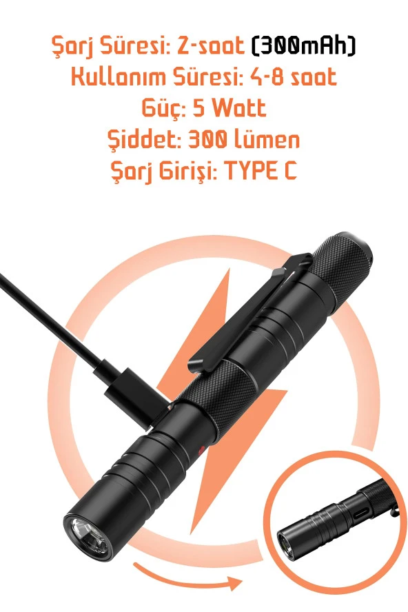 3 MOD Şarjlı Led Kalem Tipi El Feneri Zoomlu Flaşörlü Polis Feneri 5 Watt Beyaz Işık 300 Lümen - 3