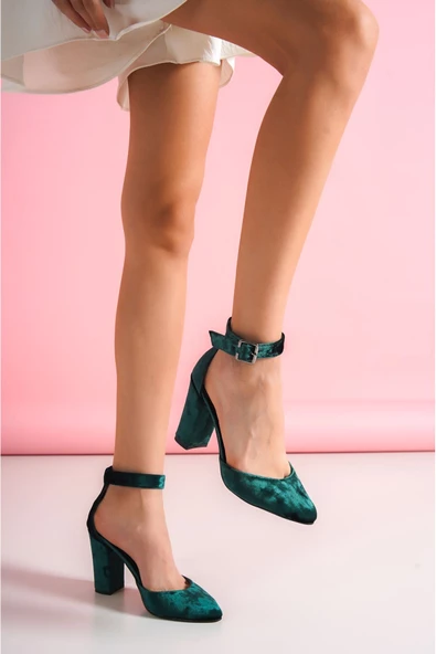 Lole Haki Kadife Topuklu Ayakkabı - Resim 3