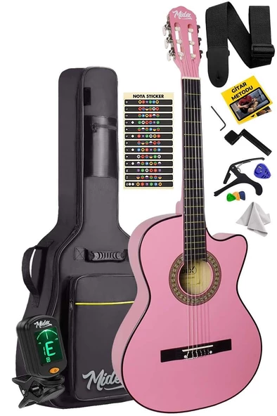 Midex CG-390PK-XBAG Pembe Renk Klasik Gitar 4/4 Sap Ayarlı Kesik Kasa (Çanta Tuner Askı Capo Metod Pena)