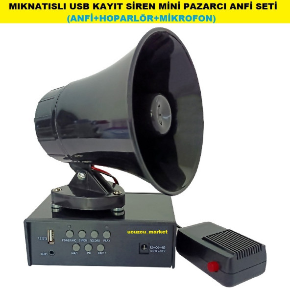 MIKNATISLI USB KAYIT SİREN MİNİ PAZARCI ANFİ SETİ (ANFİ+HOPARLÖR+MİKROFON)