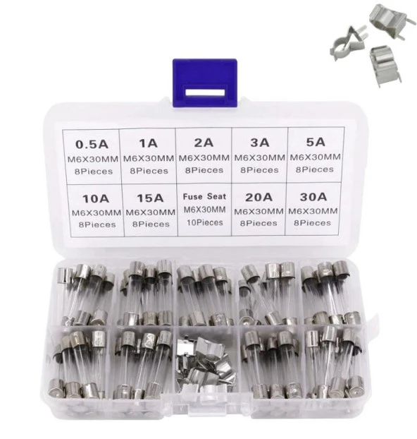 Cam Sigorta Seti 6x30 mm 72 Adet 9 Çeşit 250v Şeffaf Çantada