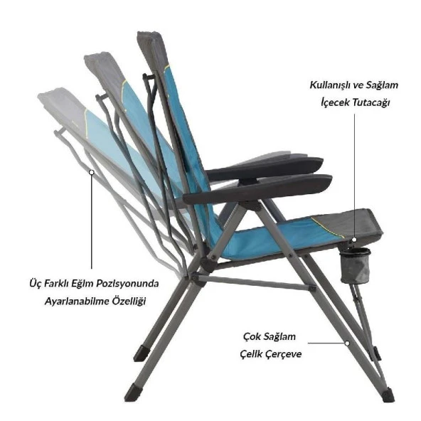 Uquip Justy XL 3 Pozisyonlu Konforlu Katlanır Kamp Sandalyesi Boulder - Resim 4