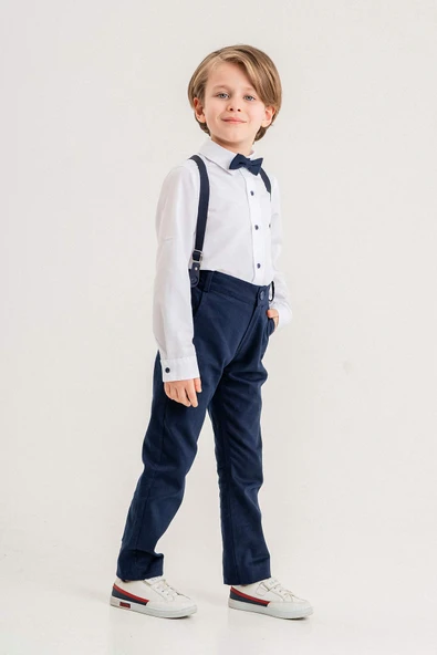 Salopetli Papyonlu Pamuklu 4'lü Erkek Çocuk Gömlekli Takım - 9