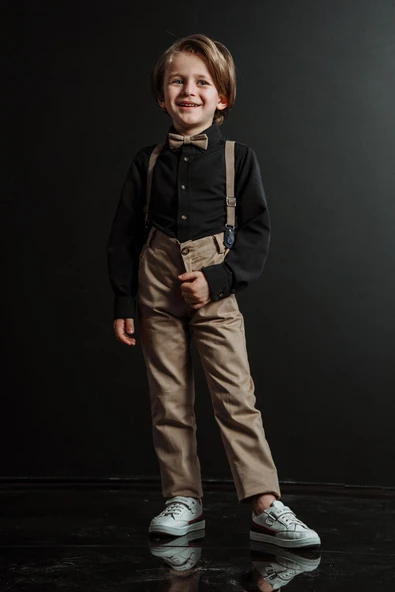 Salopetli Papyonlu Pamuklu 4'lü Erkek Çocuk Gömlekli Takım - 7