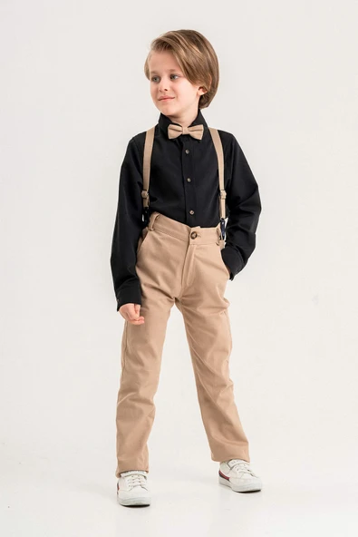 Salopetli Papyonlu Pamuklu 4'lü Erkek Çocuk Gömlekli Takım - 8