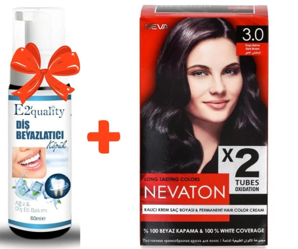 E2'quality Diş Beyazlatıcı Köpük + Nevaton Kalıcı Krem Saç Boyası 3.0 Koyu Kahve