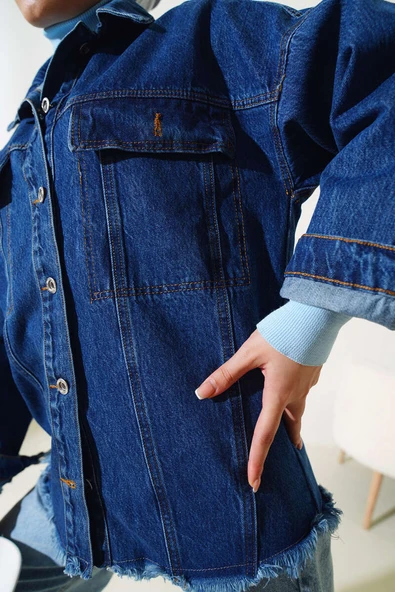 Etek Ucu Püsküllü Oversize Kot Ceket Kot - Resim 4