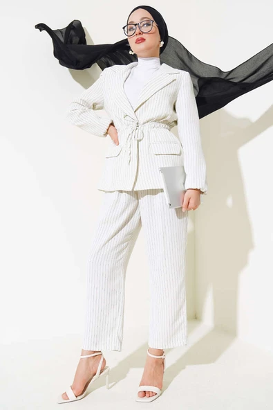 Bel Lastikli Çizgili Ceket Takım Ekru ürün görseli 1